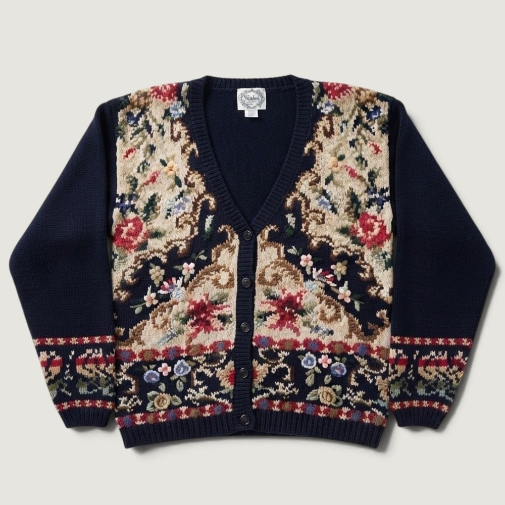 Stitches In Time Vintage Floral Tapestry Cardigan Sweater Navy Ramie Cotton M